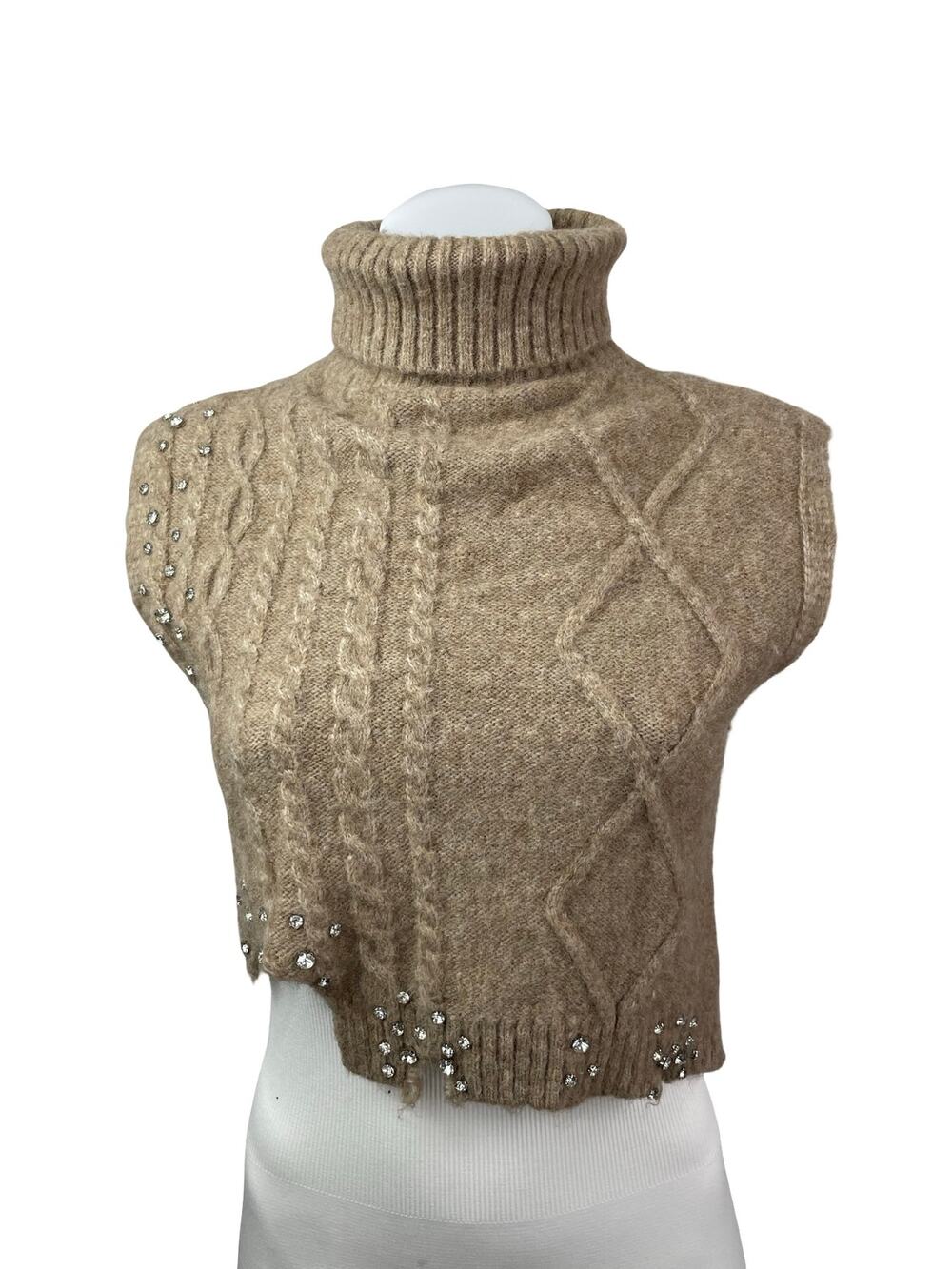 Zara Jewel Womens Wool Rhinestone Sleeveless Turtle Neck Crop Sweater Vest Top S